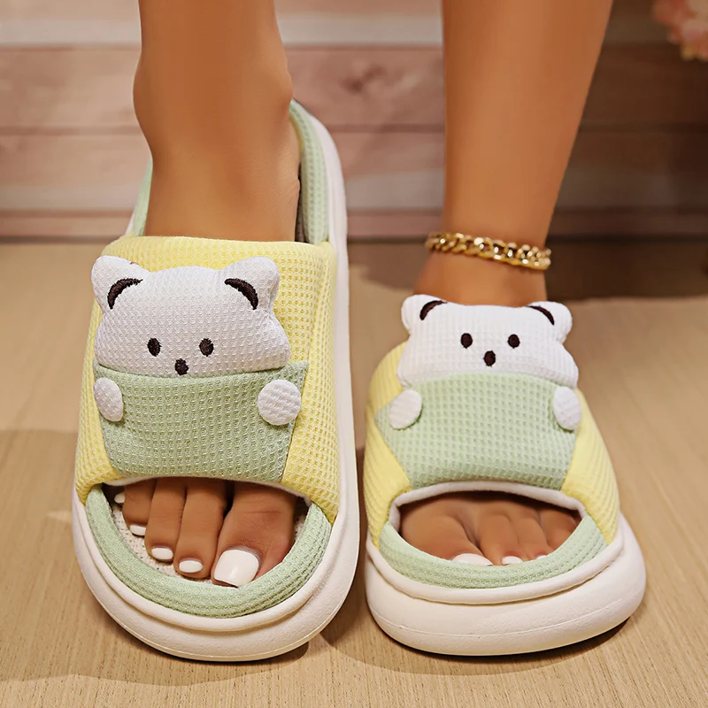 Cute Cartoon Bear Home Slippers Women 2024 Winter Comfort Soft Sole Linen Slippers Woman Non Slip Flat Heels House Shoes Slides