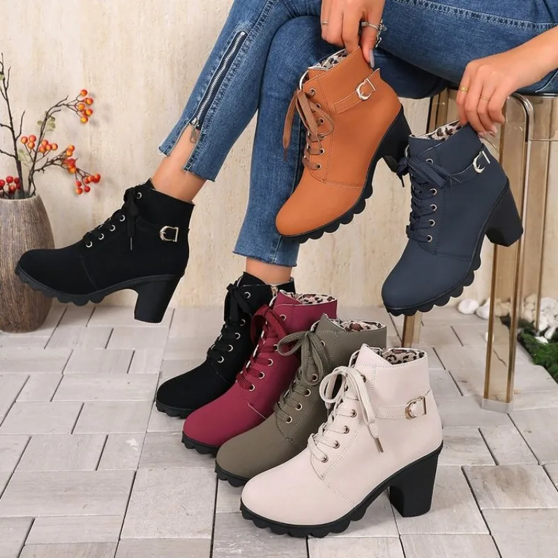 Women Ankle Boots Leather PU Elegant Mid Heels Retro Short Boots Fashion Pointed Toe Lace-up Black Summer Boots Plus Size 35 43