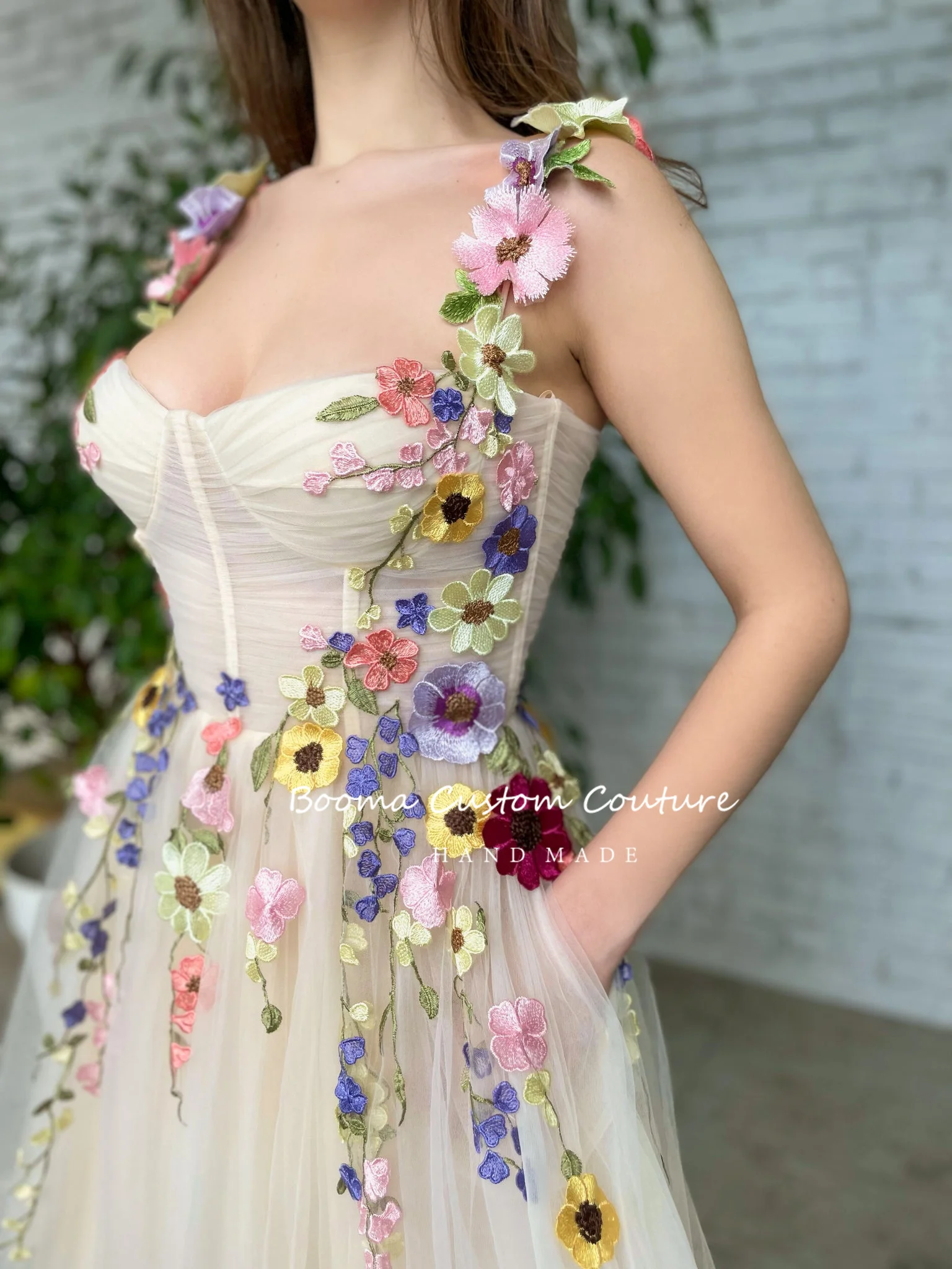 Booma-Bege Floral Tulle Midi Prom Dresses, Sweetheart Appliques, vestidos de casamento A, vestidos de noite elegantes para mulheres