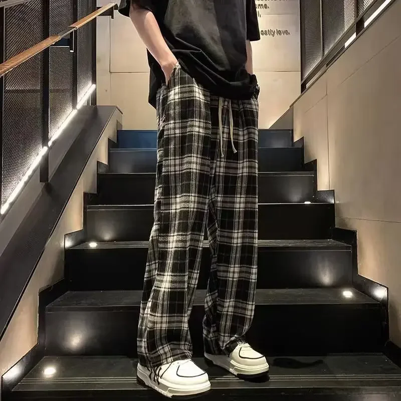 Casual Plaid Men's Pants Japanese Style Vintage Loose Fit Trendy Brand Sports Wide Leg Dragging Pants For Summer