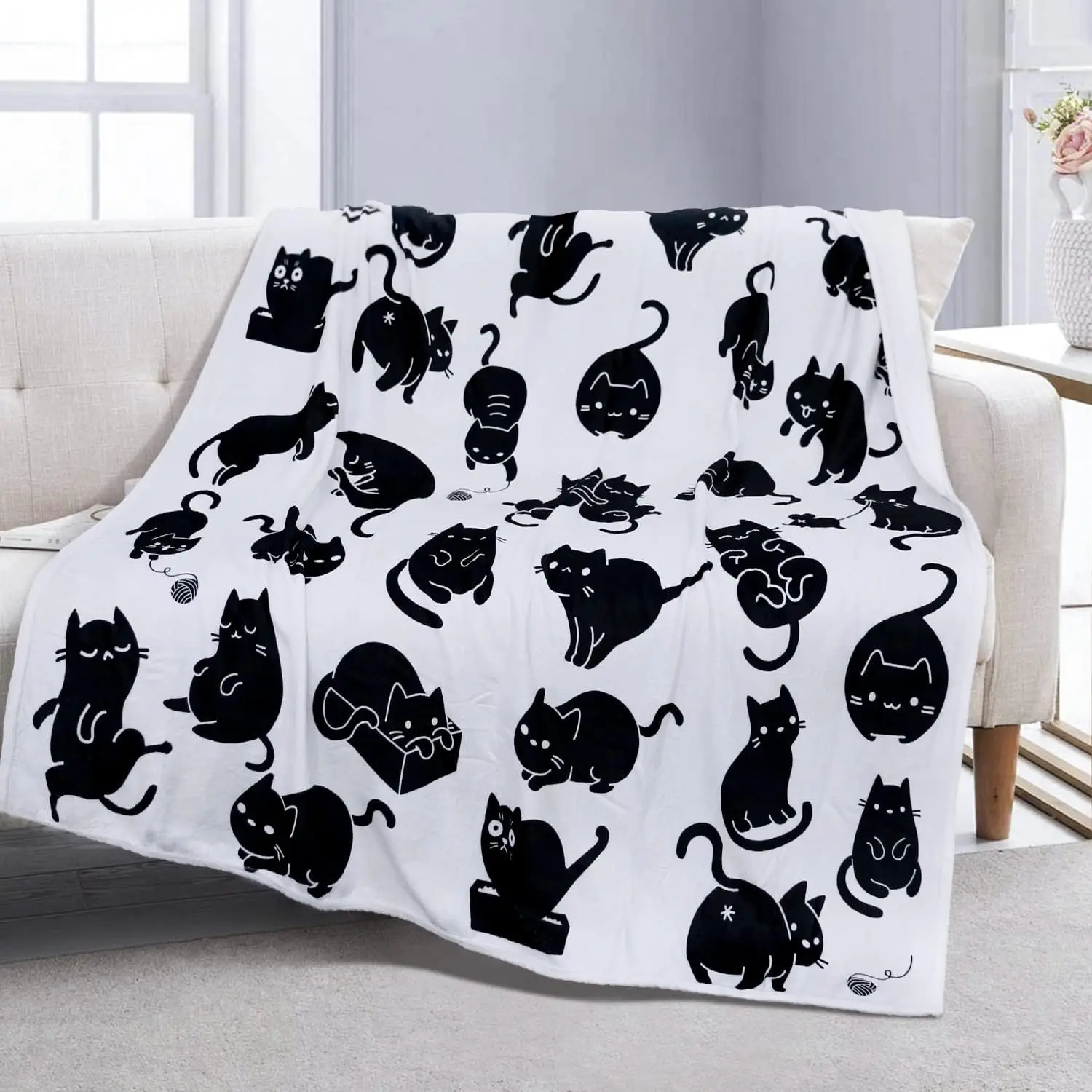 Kawaii Black Cat Blanket - Cute Cat Life Theme Flannel Kids Throw Blanket Super Soft Cozy Plush Kitty Blanket - The Most