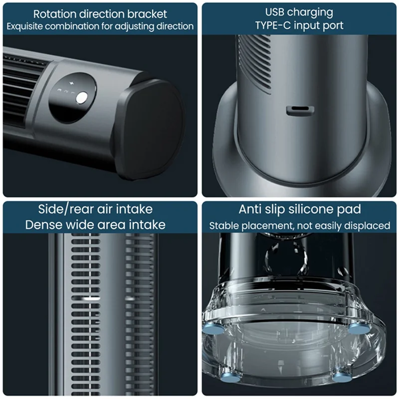 Настольный безлопастной вентилятор, перезаряжаемый через USB портативный кондиционер, 3-скоростной бесшумный настольный башенный вентилятор