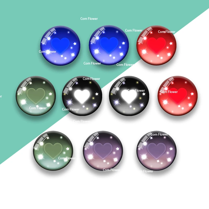 Craftdady 10pcs Flat Round Dome Cabochons Glass Craft Doll Eyes Mixed Color Crystal Heart Pattern Eyes HT002