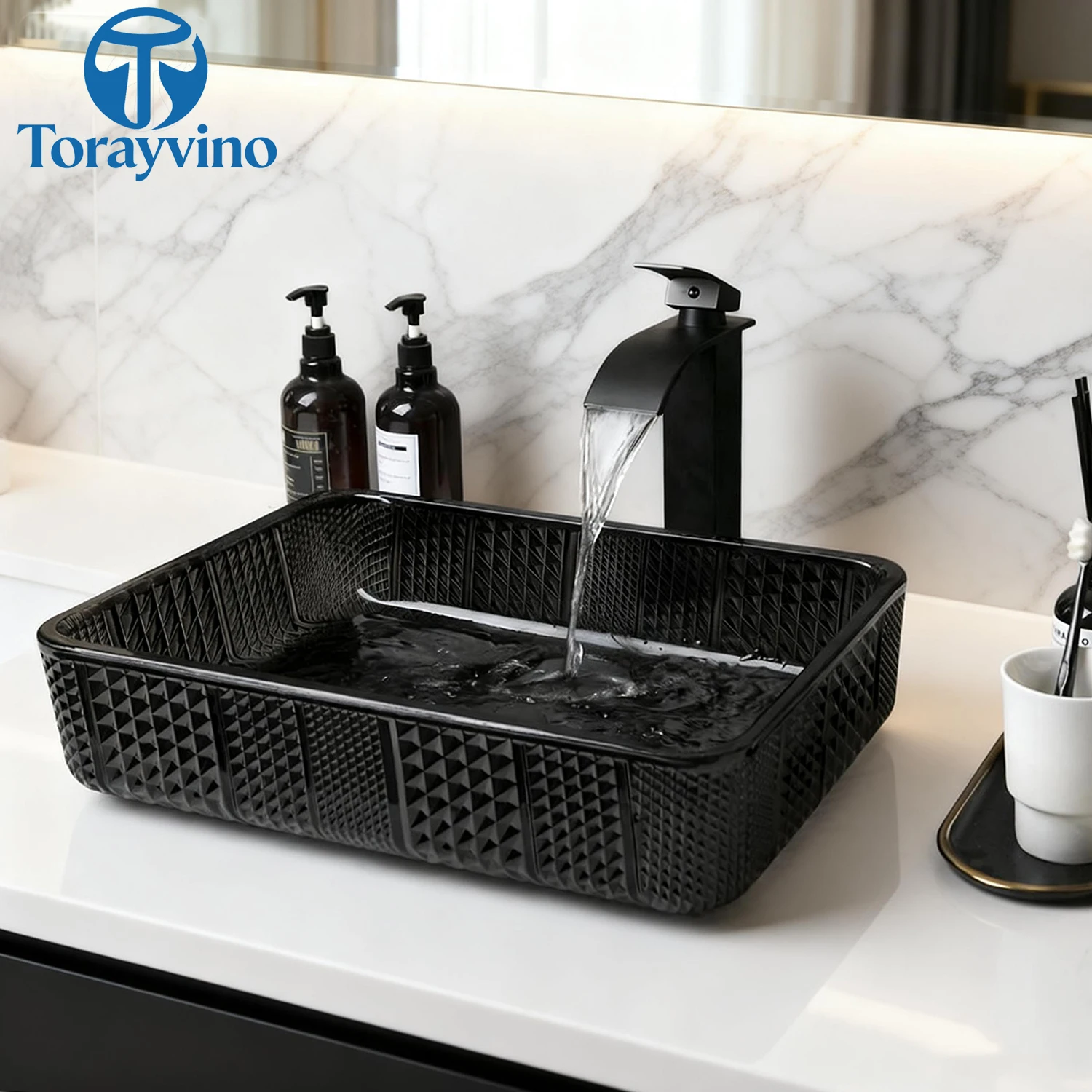 Torayvino Bathroom Transparent Glass Basin Faucet Set Washbasins Multiple Combinations With Faucets Hot Cold Mixer Rectangle Tap