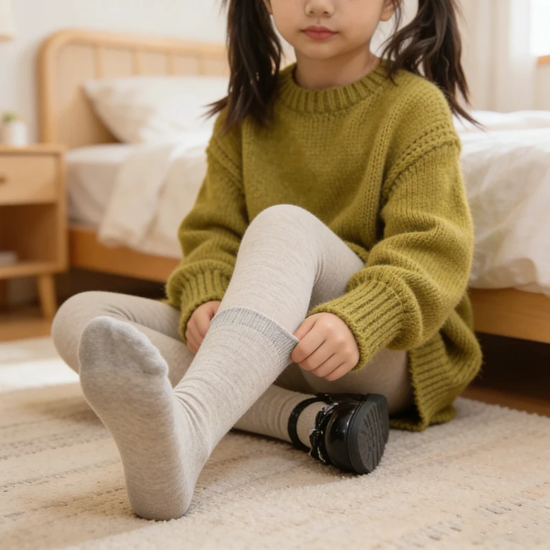 New Non-Slip Footed Tights for Girls New Vertical Stripe Brushed Tights with Grip Soles Light Fleece Lined Solid Color Pantyhose