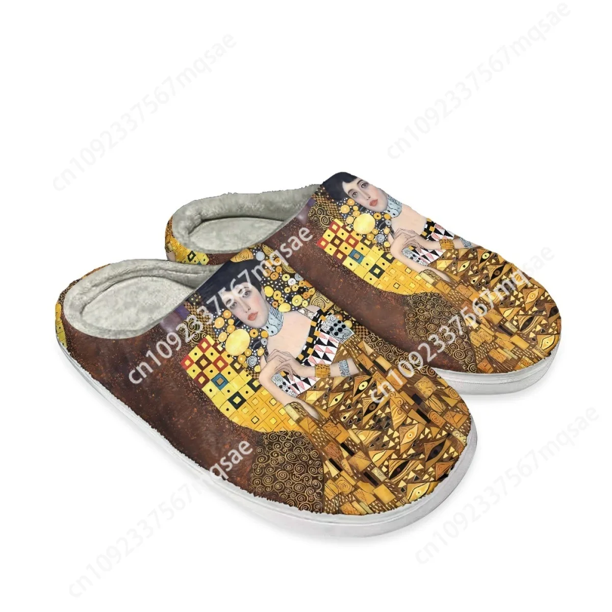 Flannel Cotton Slippers Oil Painting Kiss Gustav Klimt Winter Warm Round Toe Fuzzy Shoes Indoor Anti-slip Sandals Women 2023 New