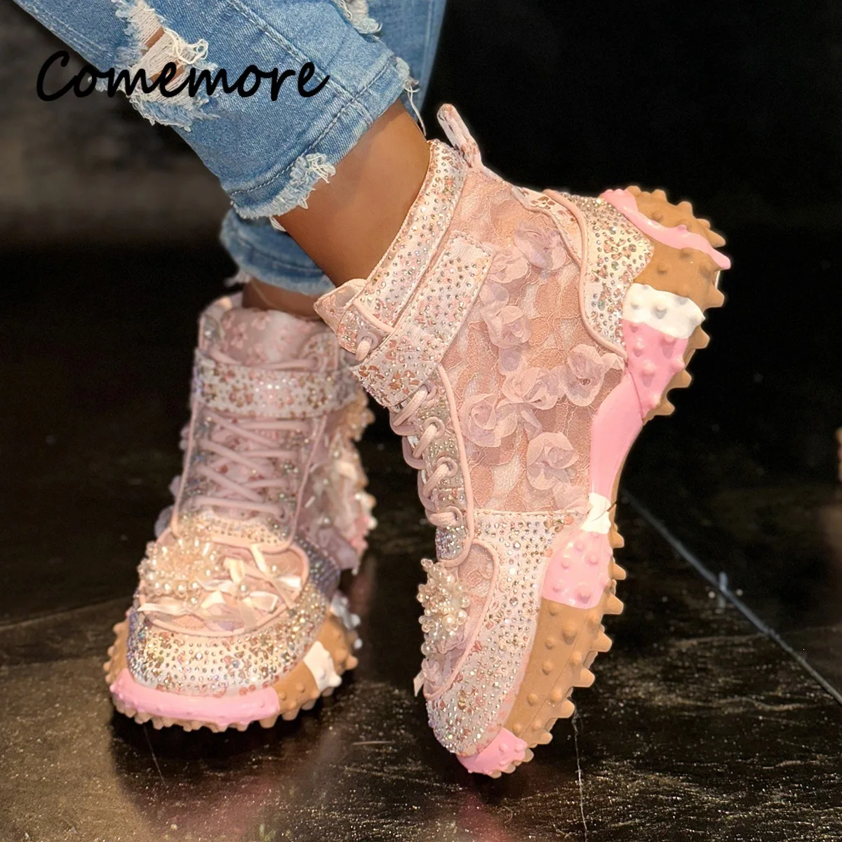 Luxury Thick-soled Short Boots Cross-lacing Rhinestone Comfortable Anti-slip Women Shoes Female Fashion Streetwear Sneakers