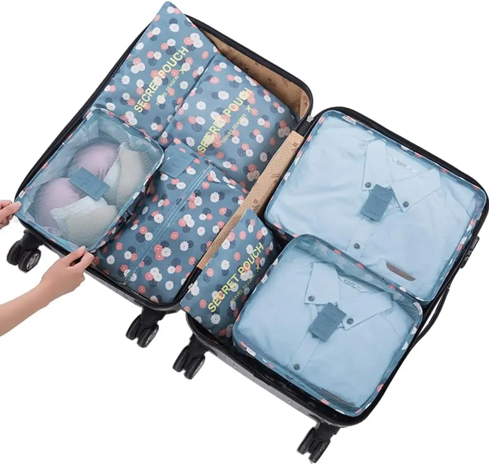 

Набор из 7 дорожных органайзеров для багажа - синий цветочный дизайн, водонепроницаемые сумки-органайзеры для чемоданов