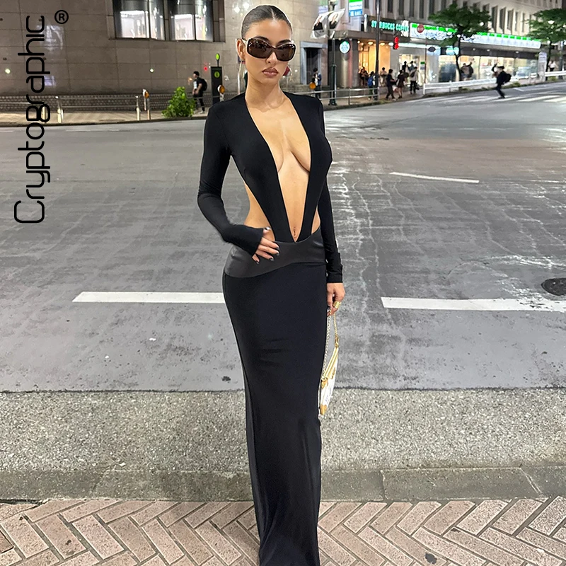 Abito lungo senza schienale con scollo a V profondo alla moda crittografica Abito lungo senza schienale con scollo a V Abito elegante da festa per club Abiti lunghi autunnali a maniche lunghe