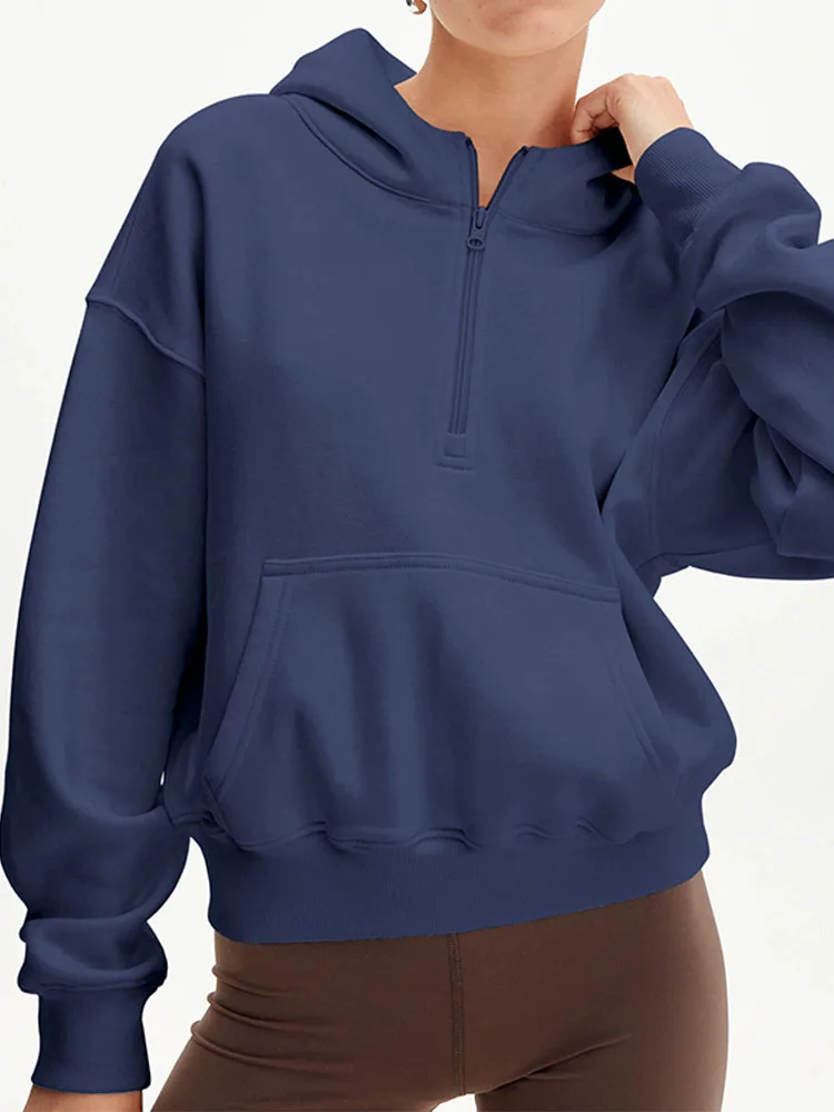 

Autumn and Winter Women's Hoodie Solid Color Loose Casual Short Half Zipper Pocket Long Sleeve Hoodie