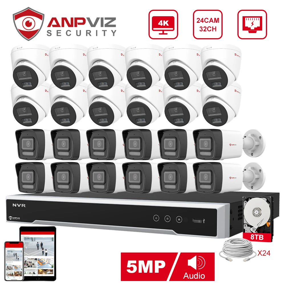 Anpviz 32CH 4K NVR 5MP POE IP Customized Camera Plug&Play System CCTV Outdoor Security Surveillance Kit Remote View H.265 IR 30m