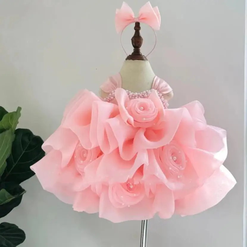 2024 New Children's Princess Ball Gown Sleeveless Pearls Flower Design Wedding Birthday Baptism Eid Party Girls Dresses A3673