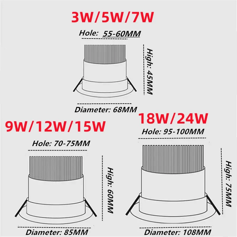 Wbudowane regulowane okrągłe źródło świetlówka LED z 15 ° bezpłatne dostosowanie 9W 12W oświetlenie wewnętrzne AC110V-230V dekoracją punktową