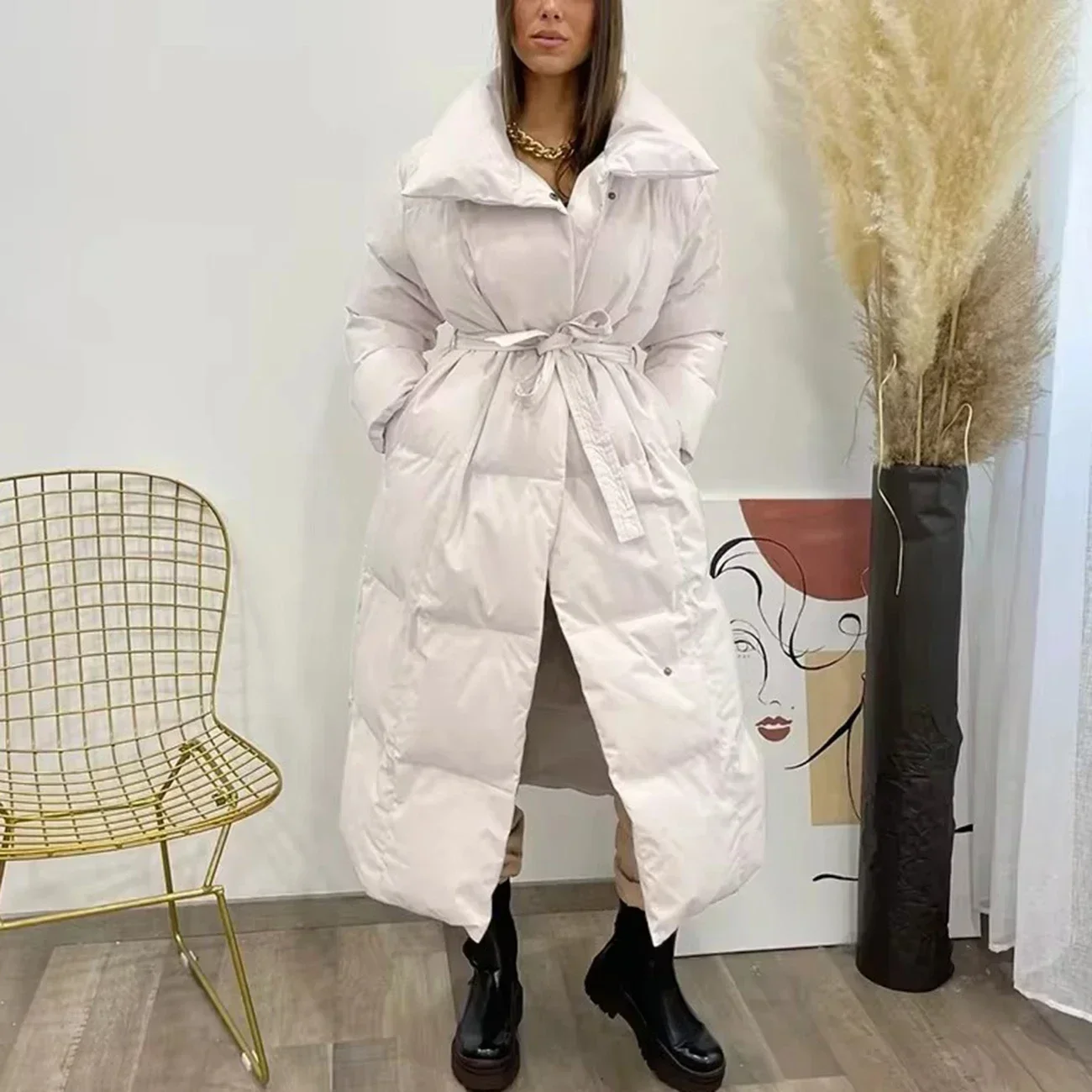 Malina Thick Loose Parkas Women Fashion Solid Covered Button Coats Women Elegant Tie Belt Long Cotton Jackets Female Ladies