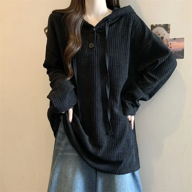 Casual Hooded Button T-shirt Autumn Winter New Stylish Drawstring Women's Clothing Solid Color Loose Basic Long Sleeve Pullovers