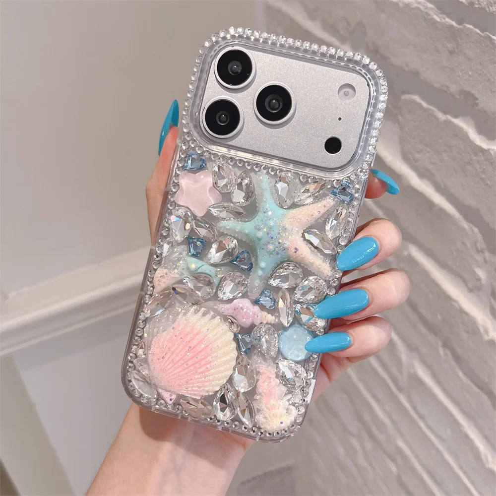 Summer Fresh 3D Starfish Seashell Rhinestone Phone Case for 17 Pro Max Ocean Vibe Pearl Bead Lanyard Cover for iPhone 16 15 14 1