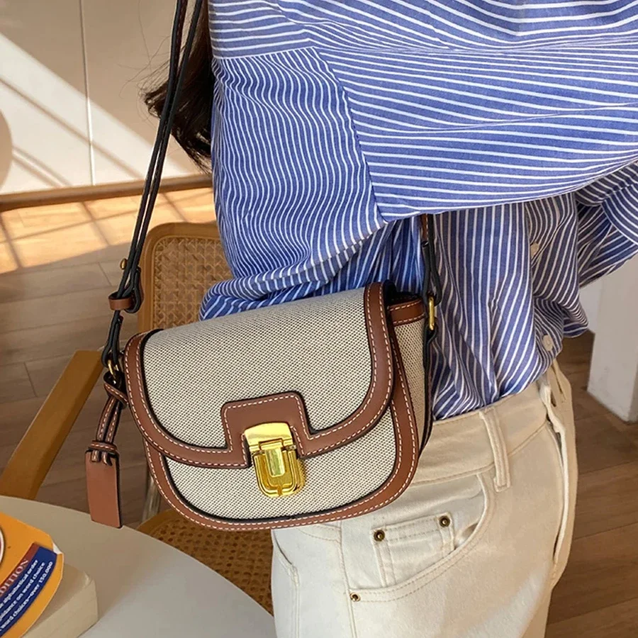 2024 New Small Contrast Color Panel Canvas Retro Shoulder Crossbody Saddle Bag Luxury Designer Retro Wallet Wallet Women