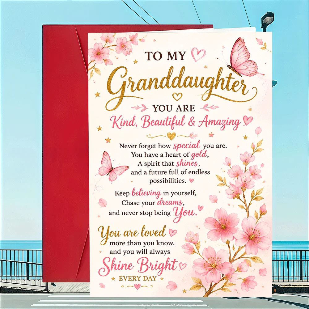 1 Greeting Card + 1 Envelope, Inspirational Card for Granddaughter, Sincere Birthday or Graduation Gift, Floral Butterfly