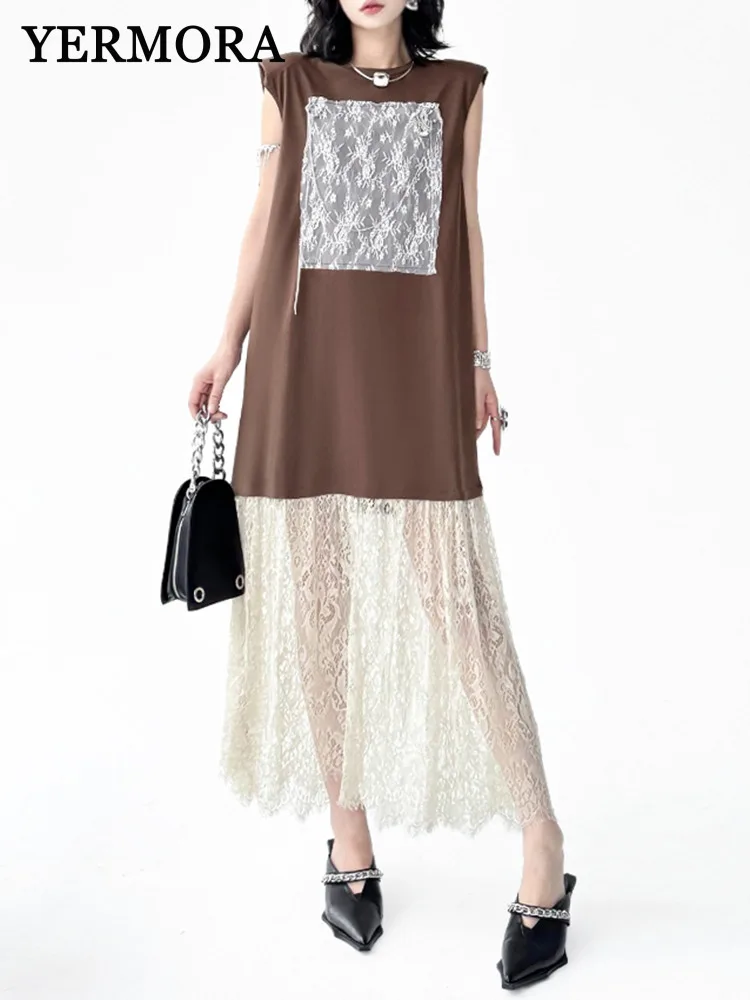 

YERMORA женское повседневное платье с кружевным подолом кофе, свободный новый сарафан без рукавов с круглым вырезом, модный Tdie, весна-лето 2025