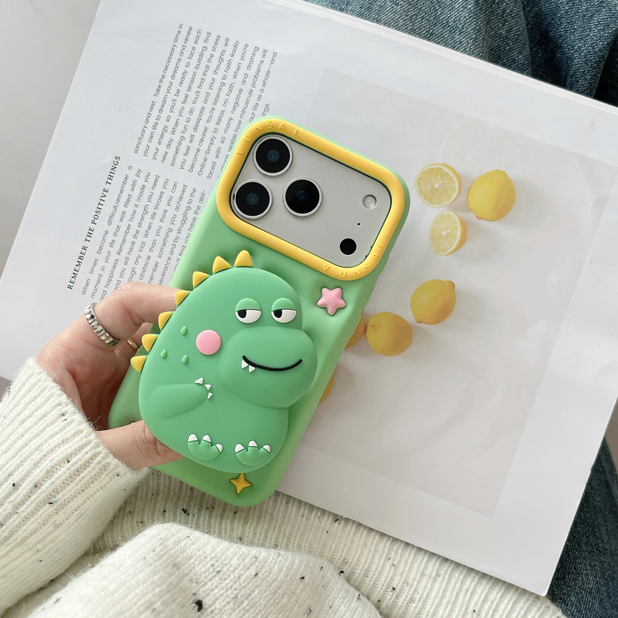 

For iPhone 17Promax,17pro,17 16 15 14 13 3D Dinosaur Phone Stand Back Cover,Cute Cartoon Soft Silicone Case,Telescopic Bracket