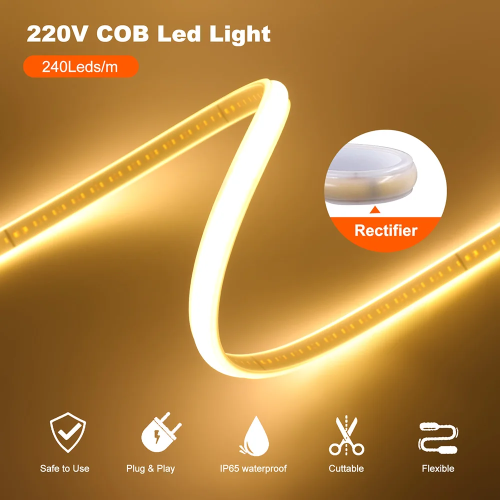 Waterproof COB LED Strip Neon Light Dimmer Switch EU UK Power Kit 220V 230V 240 LEDs Flexible Tape Lamp with IC Liner Lighting