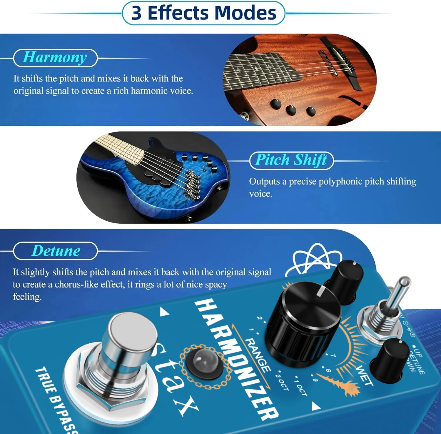 Stax Guitar Harmonizer Pedal Digital Effect Pedal Harmonic Harmony Pitch Shifter Detune True Bypass For Electric Guitar Bass