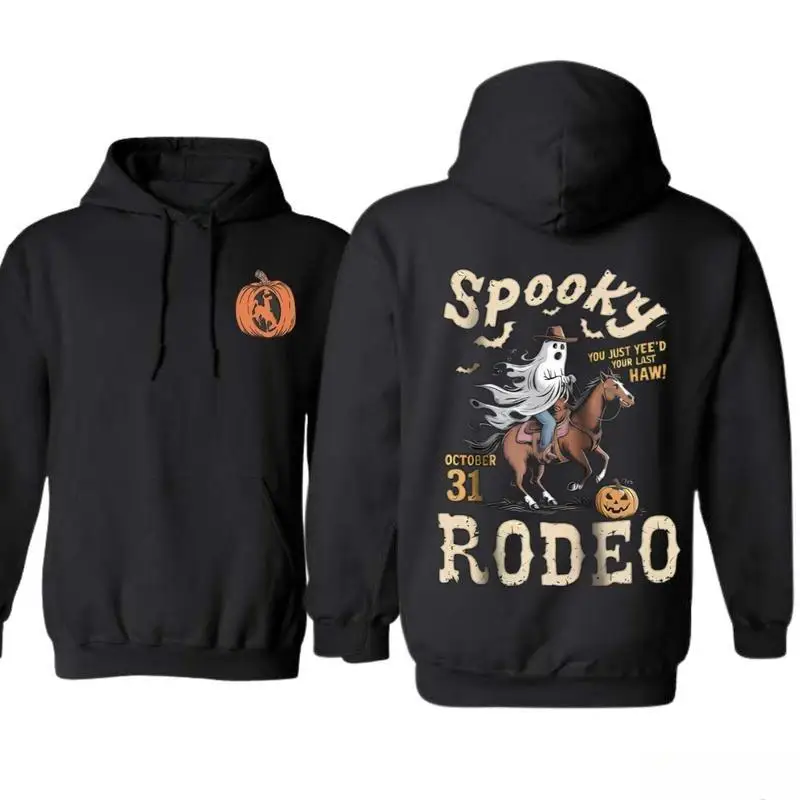 

Spooky Halloween Rodeo Hoodie, Funny Ghost Cowboy Graphic Sweatshirt, October 31st Pumpkin Western Themed Pullover