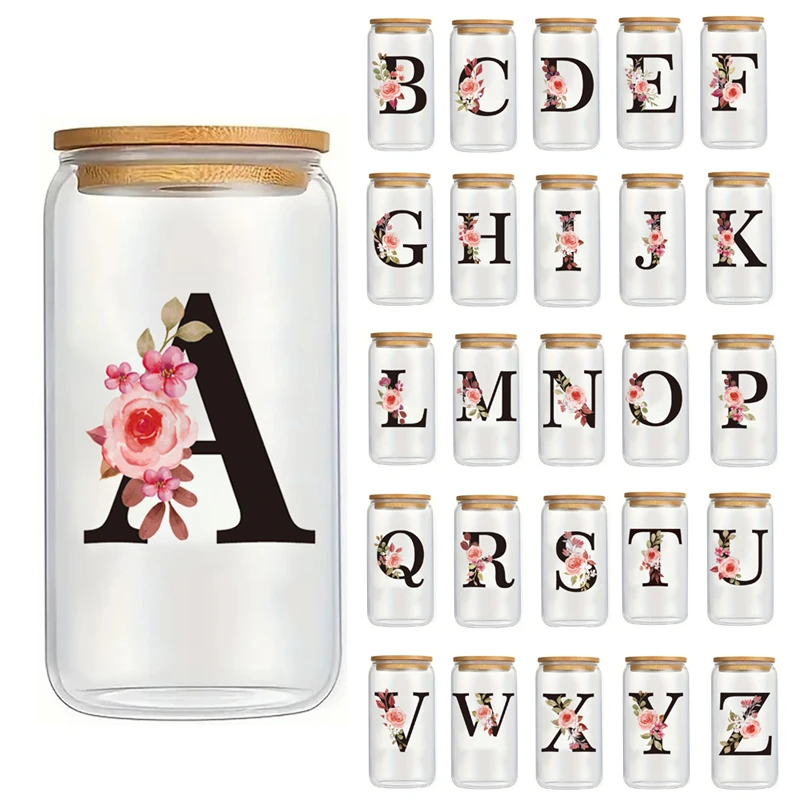 Alphabet Flowers Drinking Glass Letter A-Z Iced Coffee Water Juice Bottle Portable Clear Cup with Lid Straw Brush Birthday Gifts