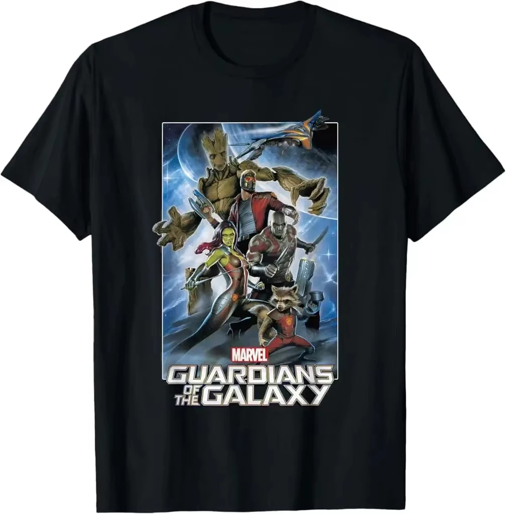 Camiseta Gráfica de Personajes de Marvel Guardianes de la Galaxia 2026, Rocket Groot, Algodón Suave, Manga Corta, para Fans de Cómics y Películas, Negra