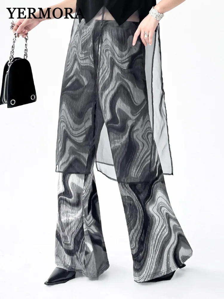 

YERMORA High Elastic Waist Gray Irregular Pattern Casual Wide Leg Pants For Women Loose Trousers Fashoin Tide Spring Summer 2025