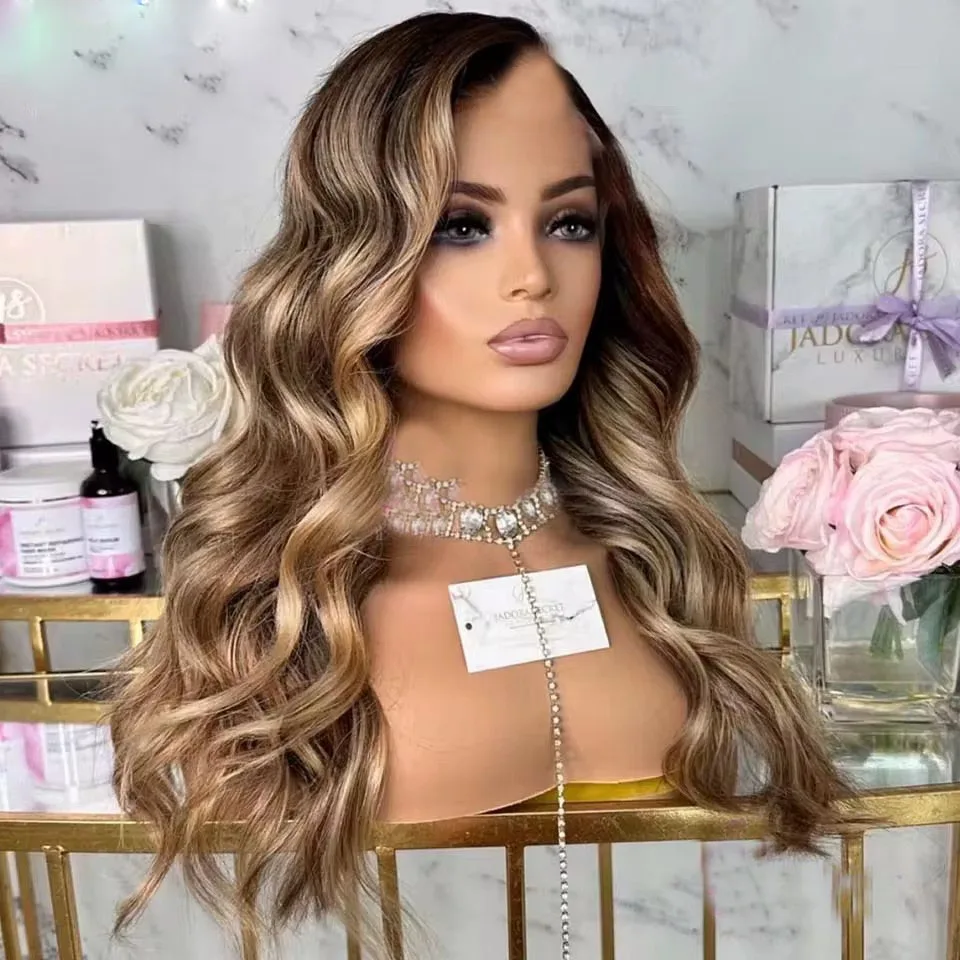 Highlight Blonde Brown100% Human Hair Super Long Natural Wavy U Part Wigs Glueless Easy Wear 1X4 V Part Wig for Women Remy Hair