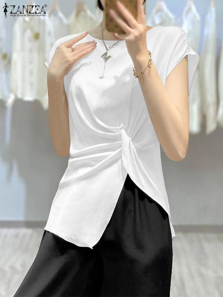 

Stylish Office Women Blouses 2025 ZANZEA Elegant Summer Satin Shirt O Neck Short Sleeve Solid Tops Asymmetrical Blusas Mujer