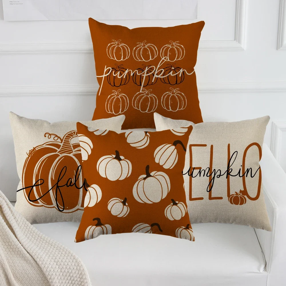 4pcs Vintage Fall Pillow Covers 18x18 Inch - Autumn Orange White Pumpkin Design for Thanksgiving  No Pillow Core Included