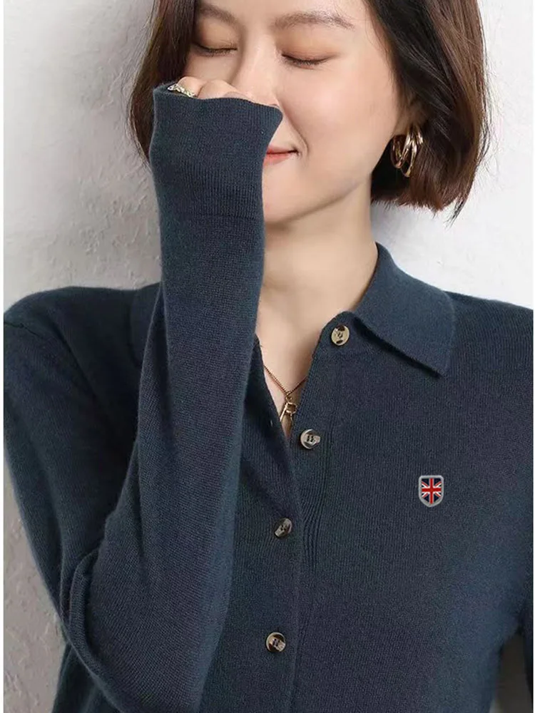 Spring Women Wool Sweater Cardigan Blouse Collar Exquisite Korean Cashmere Polo Collar Long sleeve Sweater Fleece Base Knit Tops