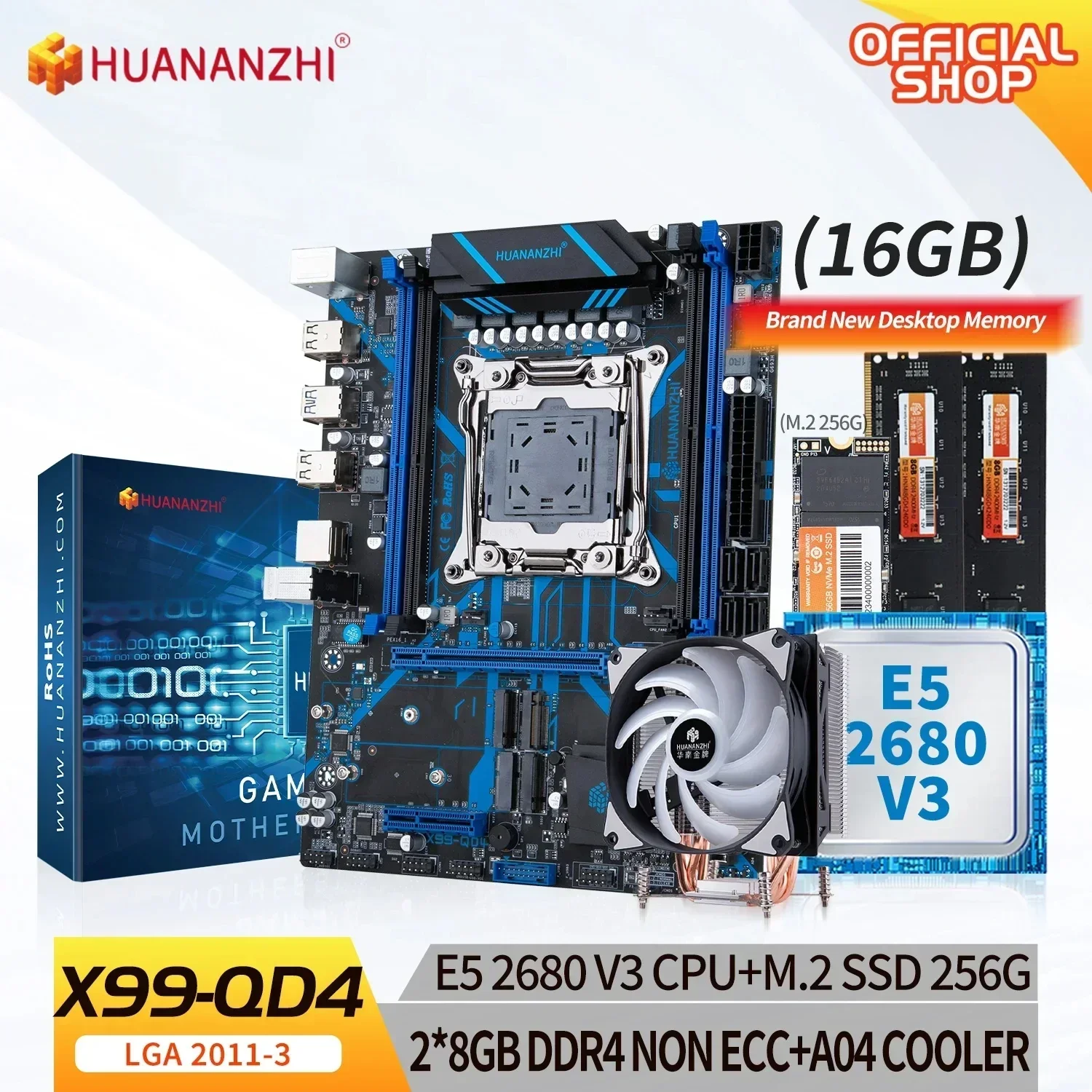 HUANANZHI X99 QD4 X99 Motherboard combo kit set with XEON E5 2680 v3 with 2*8G DDR4 NON-ECC with M.2 NVME 256G with A04 Cooler