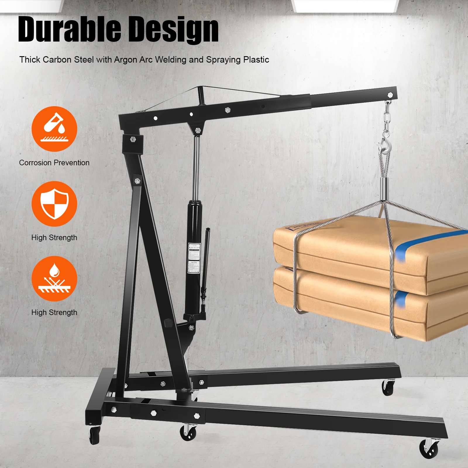 

2 Ton Folding Engine Hoist Crane Hoist Lift, Heavy Duty Carbon Steel with 6 Iron Caster Wheels (Black)