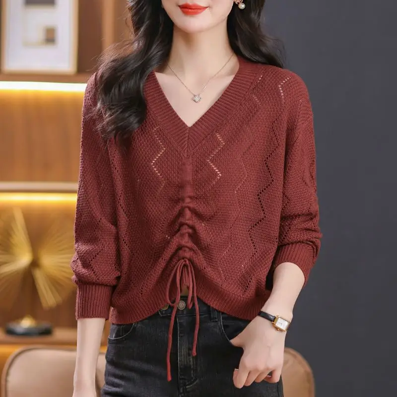 

Women's New Autumn Style Fashionable Drawstring Hollow Sweater Thin Knitted Loose Top