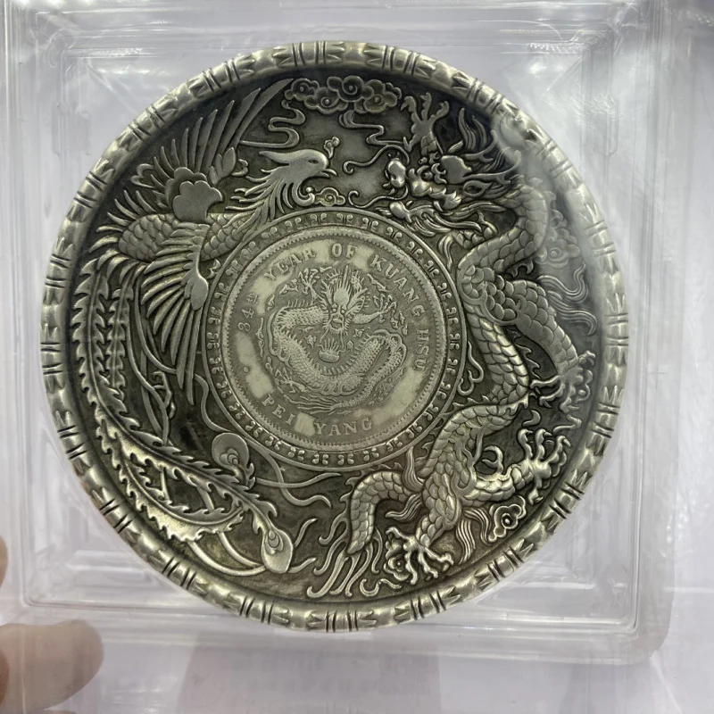 Vintage Plate White Copper Silver Plated Plate Dragon and Phoenix Inlaid Silver Dollar Plate Craft Ornament