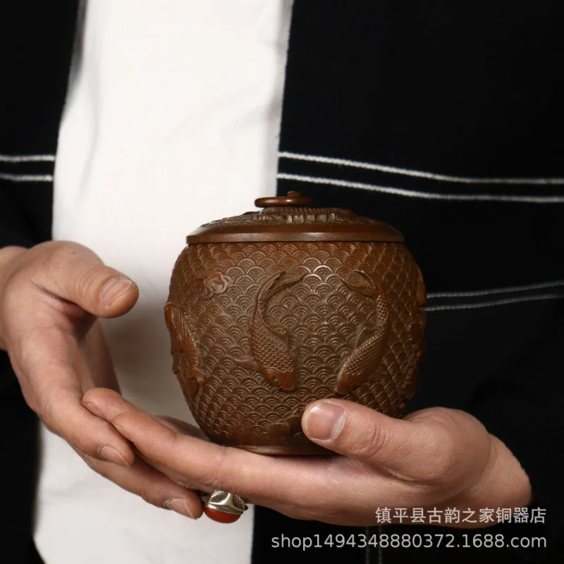 Copper Home Living Room Office Moisture- Insect-Proof Tea Storage Canister Creative Gift Ornament Decoration