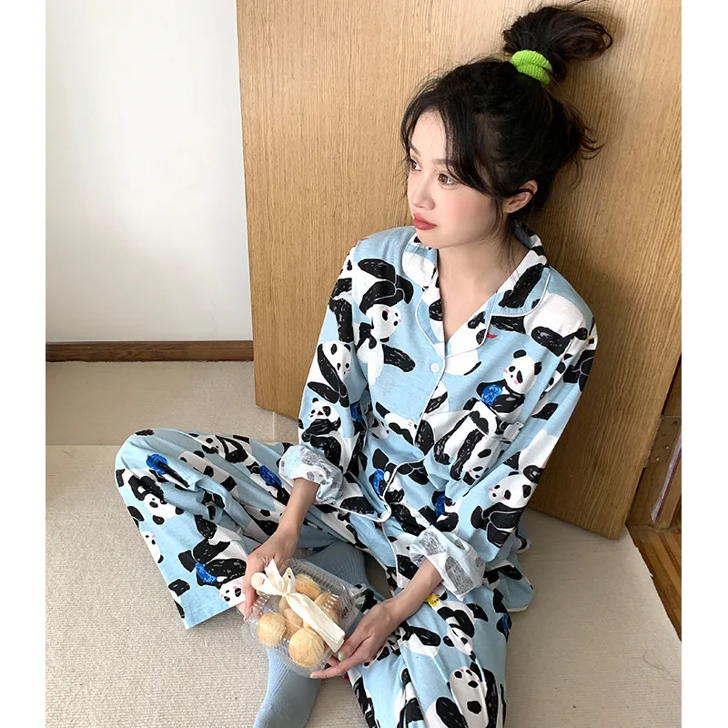 Cartoon Panda Pajama Women Spring and Autumn Long-sleeved New Girl Cardigan Home Clothes Soft Kawaii Student\'s Loungewear Women