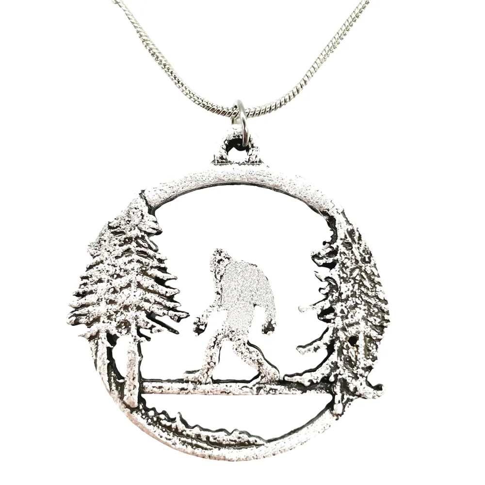 Mountain Pine Tree Camping Jewelry Bigfoot Pendant Necklace