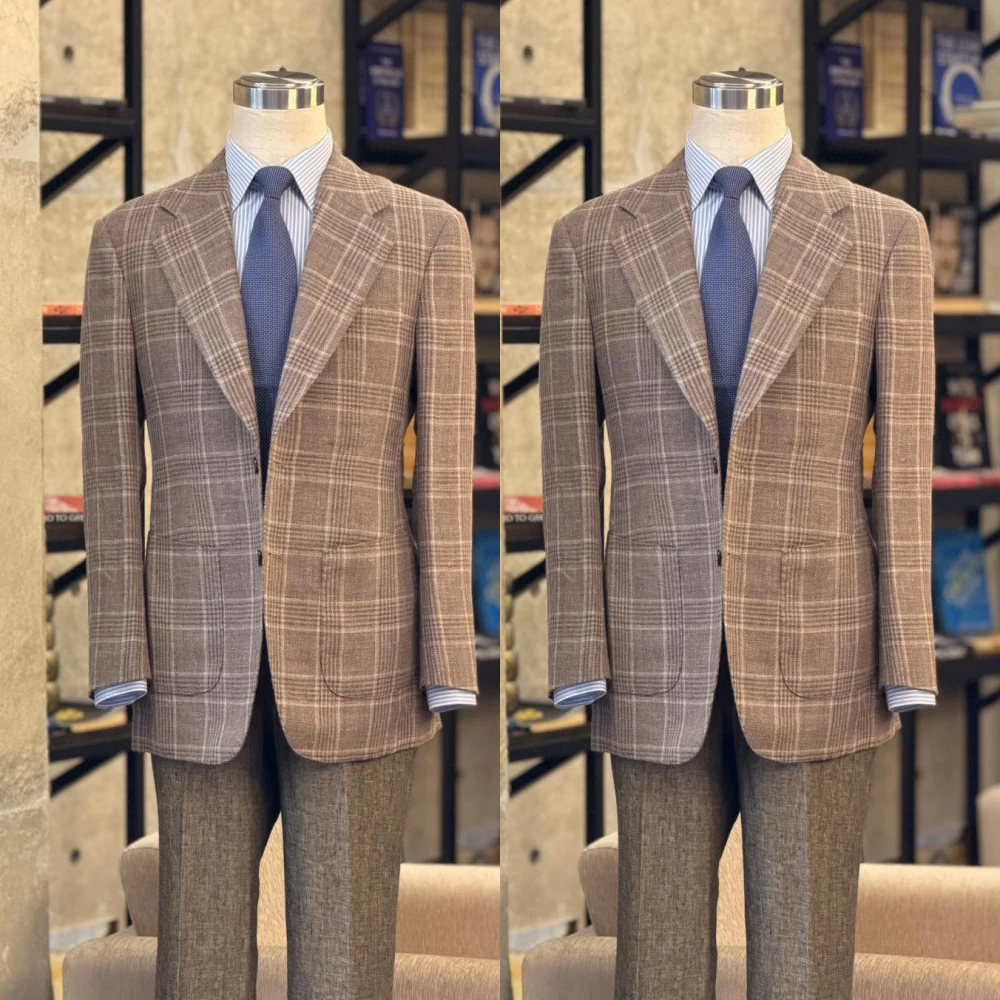 1 Piece Men Business Coat Fishion Line Plaid Notched Lapel Two Button Big Pocket Formal Jacket Customized Office Daily Blazer