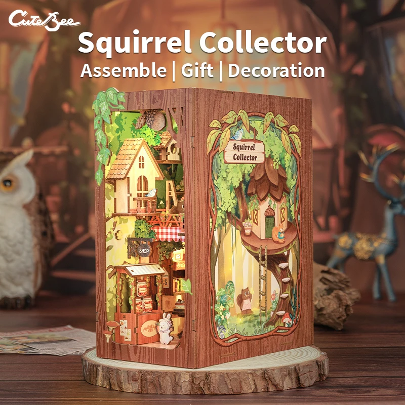 

CUTEBEE Book Nook Bookshelf Insert Miniature Dollhouse Wood Puzzle for Bedroom Bookend Decor with LED Light Squirrel Collector