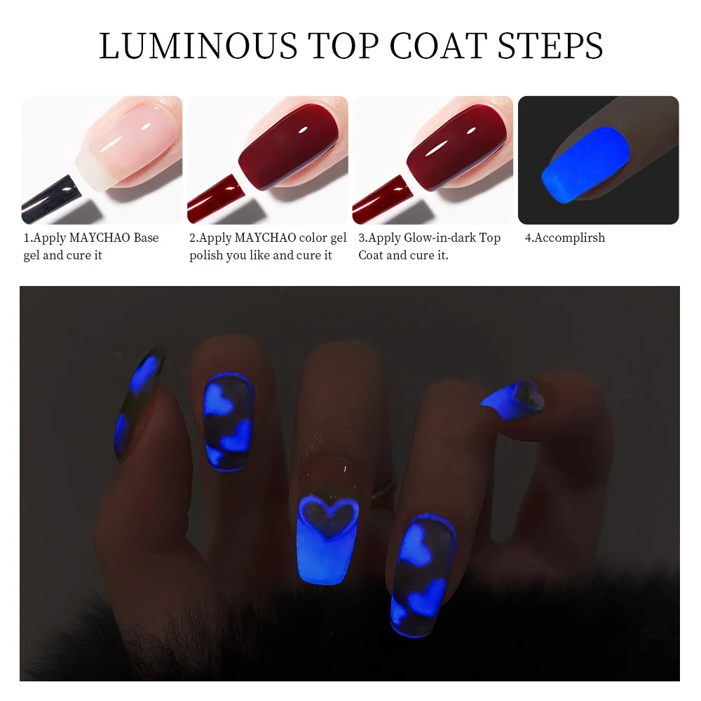 Maychao Lichtgevende Gel Glow In The Dark Top Coat 7Ml Fluorescerend Doorweekt Uv Led Top Gel Nagellak Universele Nagel Afdichting Top Coat