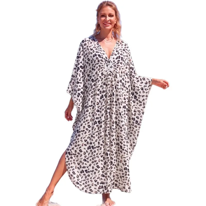 Women Leopard Print Beach Cover Up Kaftan Loose Sun Protection Robe Bikini Wrap Dress For Vacation Holiday Resort Wear