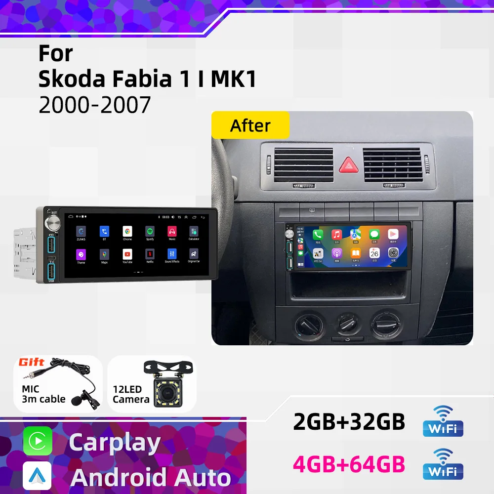 Android 1Din Car Stereo 6.86 Screen for Skoda Fabia 1 I MK1 2000-2007 CarPlay GPS Navigation Multimedia Autoradio Radio HeadUnit