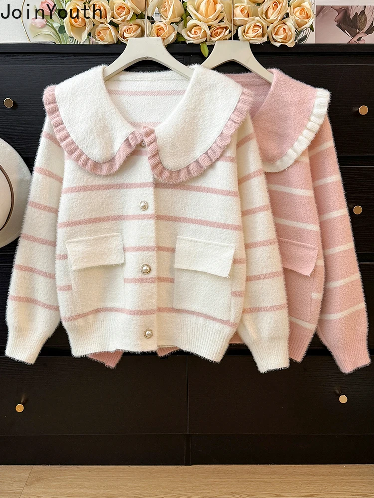 Sueter Mujer Knitwear Cardigan Coat Peter Pan Collar Striped Pull Femme Pockets Sweet Knit Sweater Tops Fall Winter Clothing