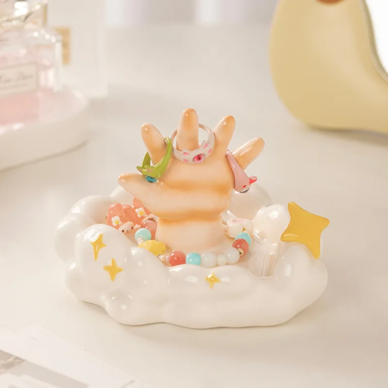 Ceramic Jewelry Tray with Cloud Star Design Cute Desktop Decoration and Jewelry Organizer Stand Ideal Gift for Girls or Friends