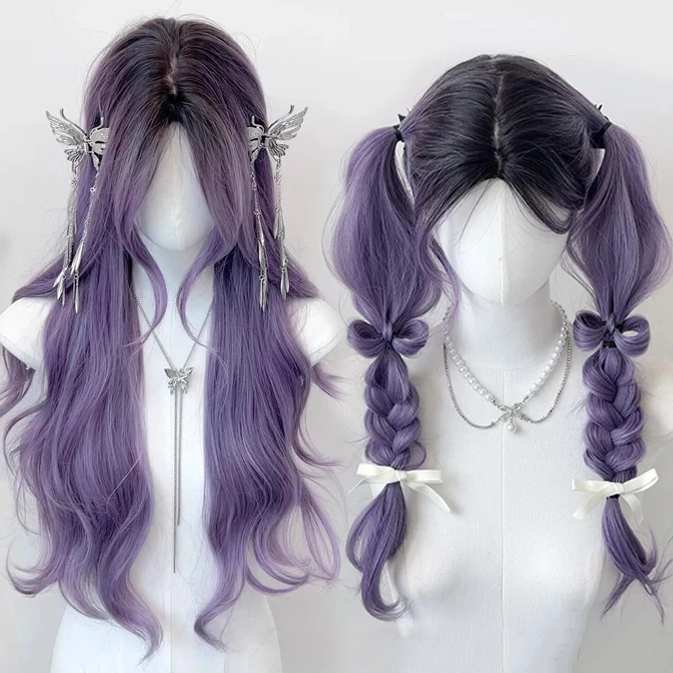 OLACARE Long Body Wave Black Brown Purple Cosplay Wigs Heat Resistant Synthetic Wigs Middle Part Natural Lolita LM Wigs Women