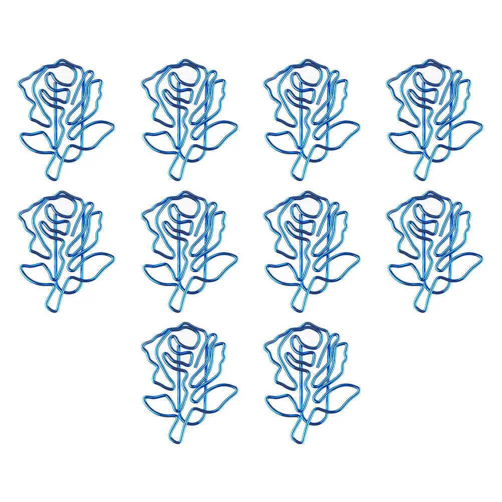 10Pcs Blue Rose Shaped Paperclips Compact Creative Metal Clips Exquisite Rose Ornament Style for Business Cards Notes Envelopes